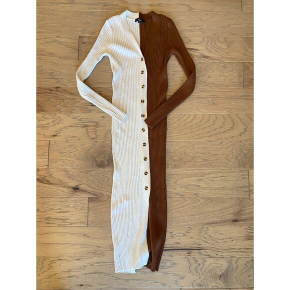 Lulus cream and brown color block stretchy ribbed midi dress - Picture 4 of 7